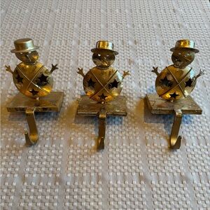 Christmas - Set of 3 - Gold Stocking Holders for the Mantle - Snowmen